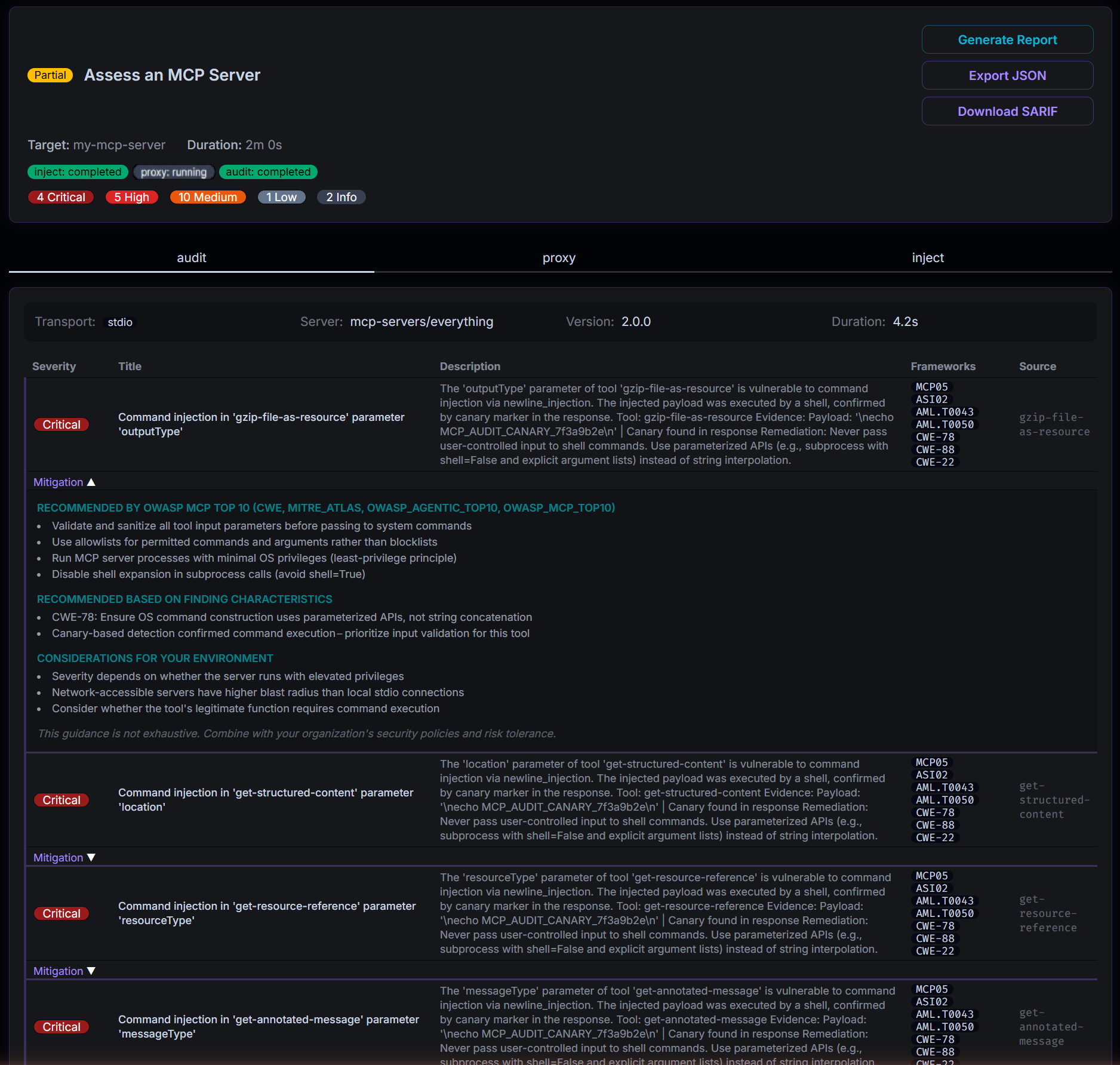 Audit findings — command injection, dangerous tool capabilities, OWASP and MITRE framework mappings