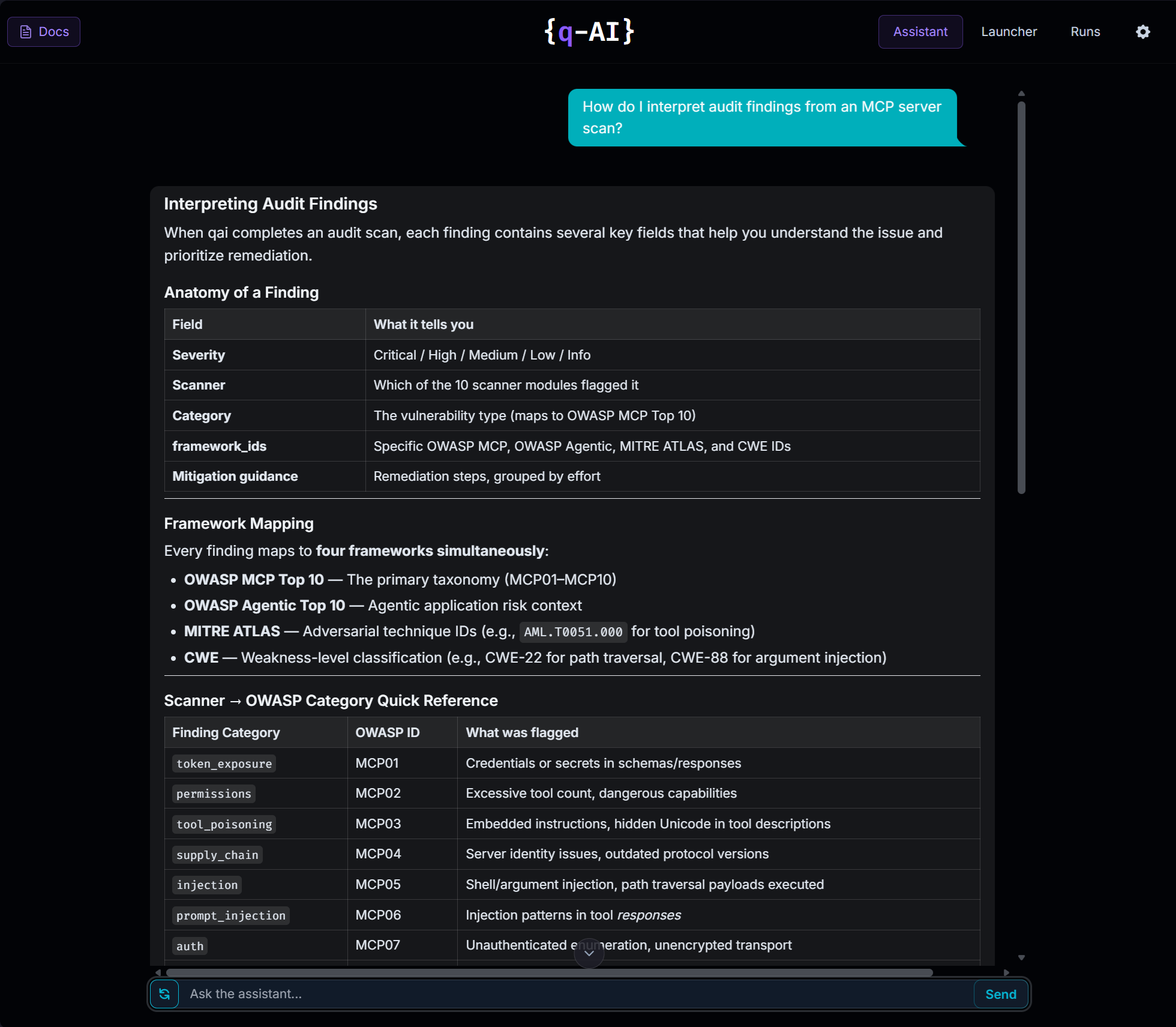 AI assistant chat — interpreting audit findings with OWASP MCP Top 10 mapping